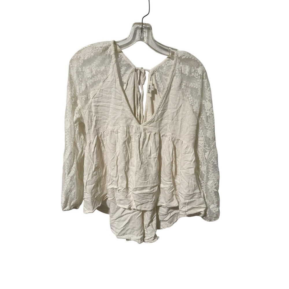 Umgee Size Medium‎ Linen Blend Lace Sleeve Boho Peplum Blouse Cream White M5907